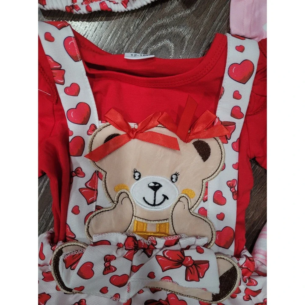 Baby Girl Teddy Bear Dress Set Hearts Baby Girls Valentine's Day‎ 12-18 & 3-6 #R